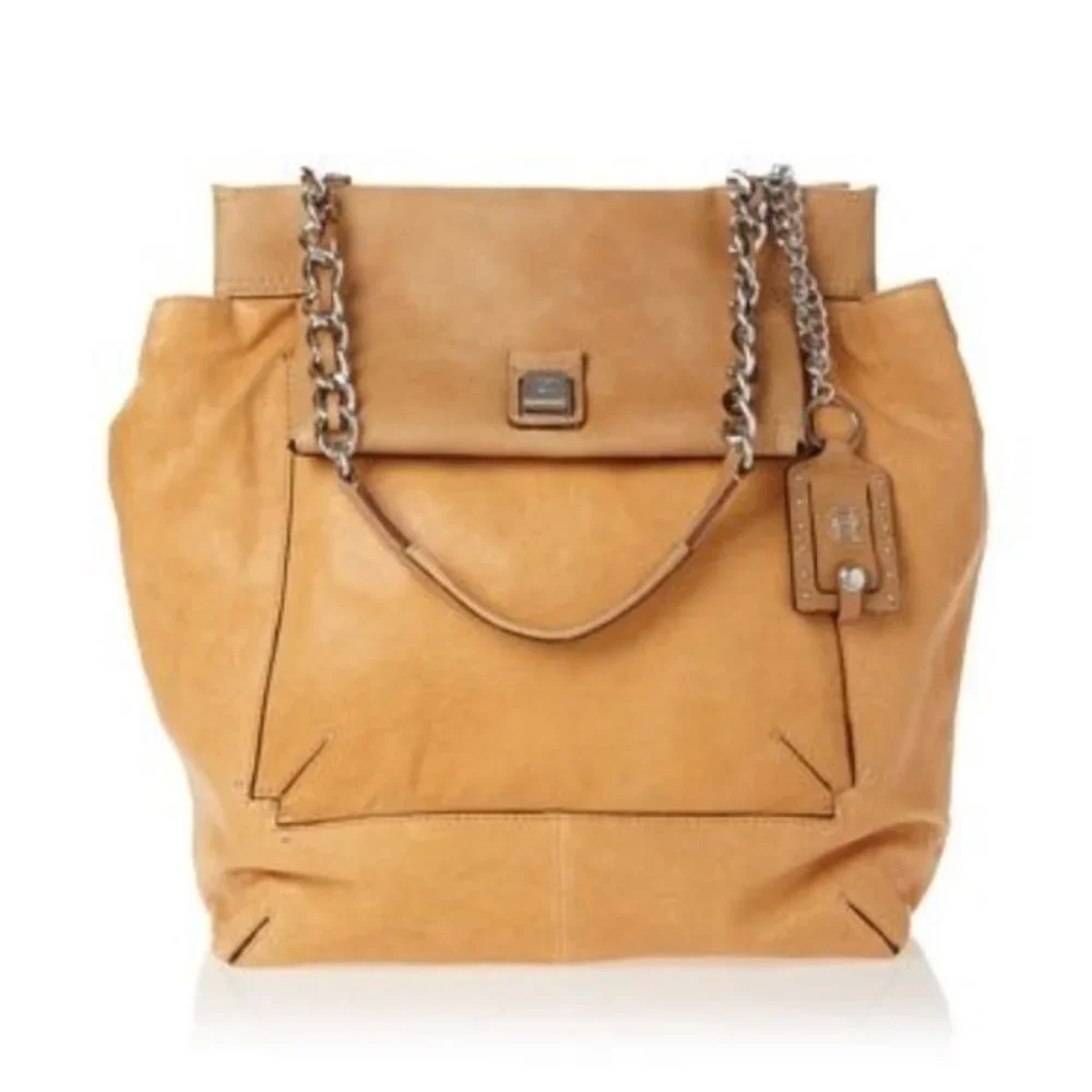 Olivia Harris Square Flap Shoulder Bag Purse Handbag Tan Leather Tote Classic